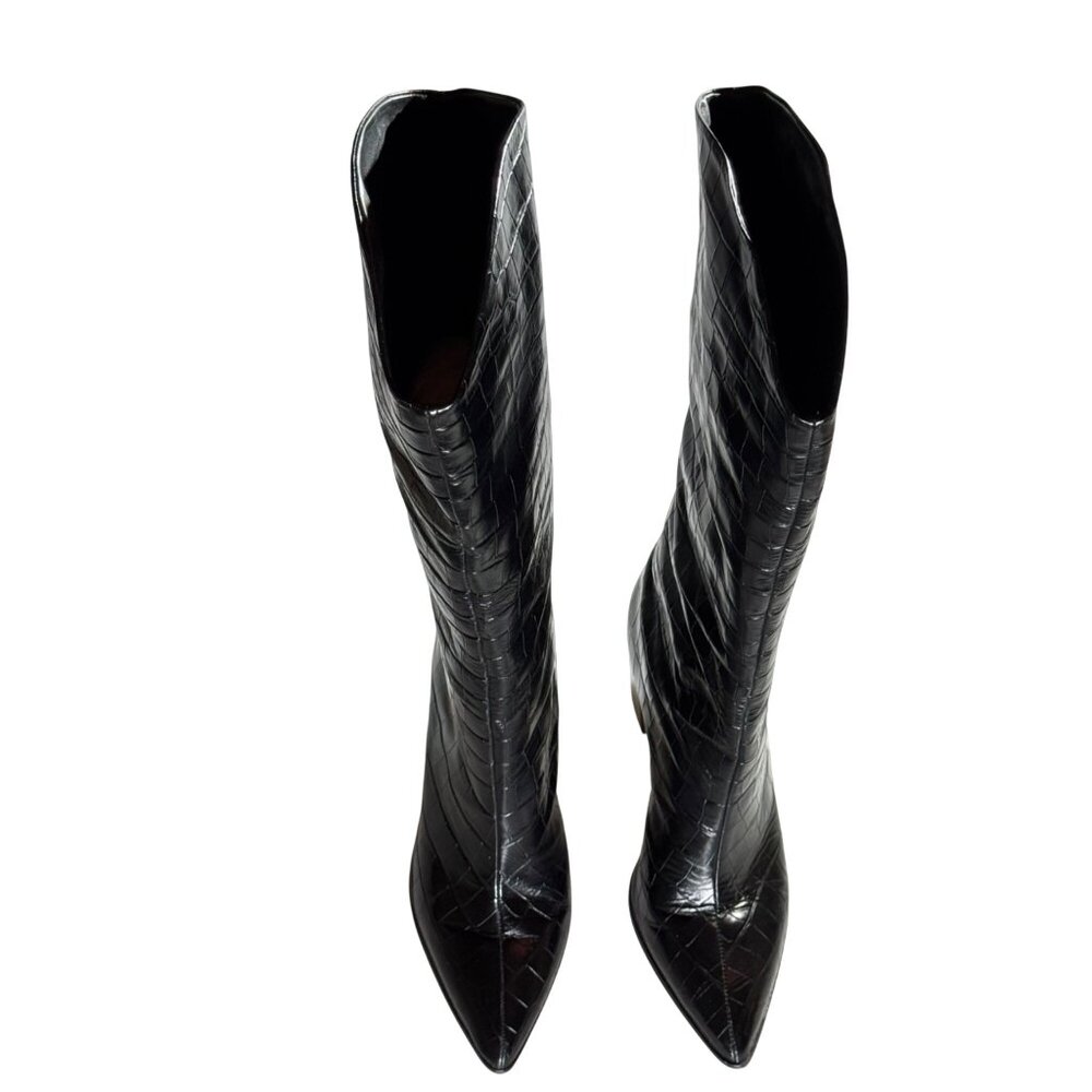 Schutz Mariana Black Crocodile-Embossed Leather Knee-High Black Boots 9.5B - Picture 8 of 14